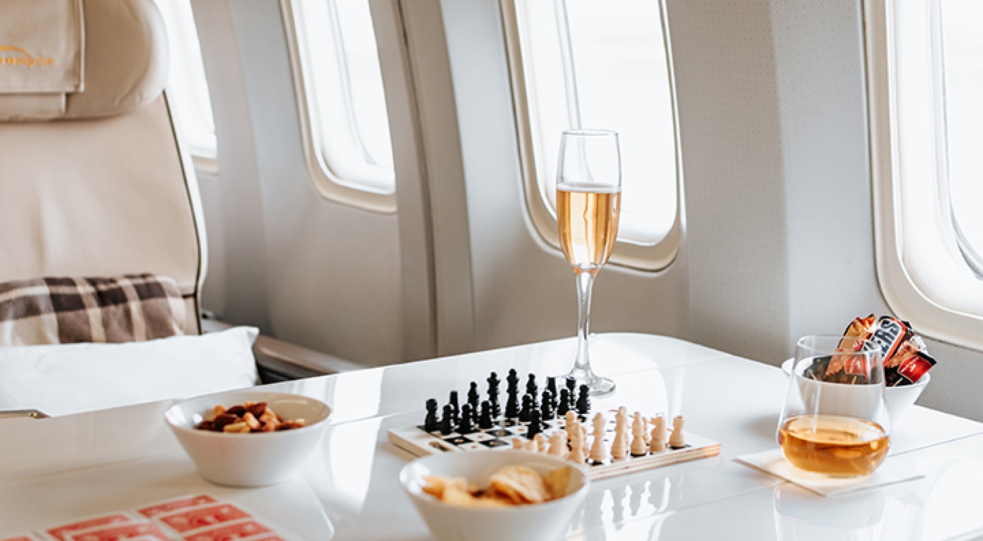 Snacks and champagne on a private jet